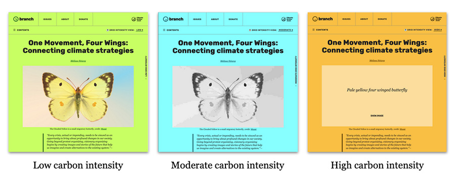 Branch magazine carbon-aware design interface showing the low, medium and high intensity designs
