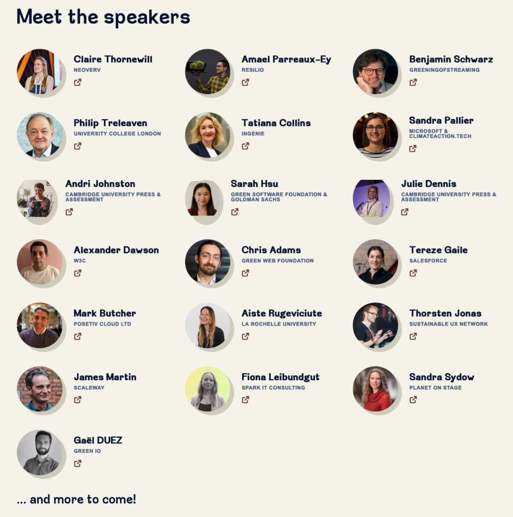 Green IO conference speakers, a list of 19 speakers with names and small photos.