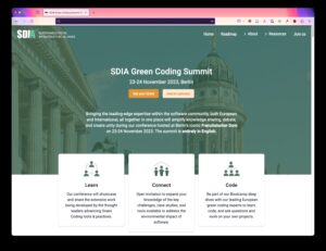 A screenshot of the SDIA Green Coding summit website, showing the venue, and the focus areas - learning , coding, and connecting