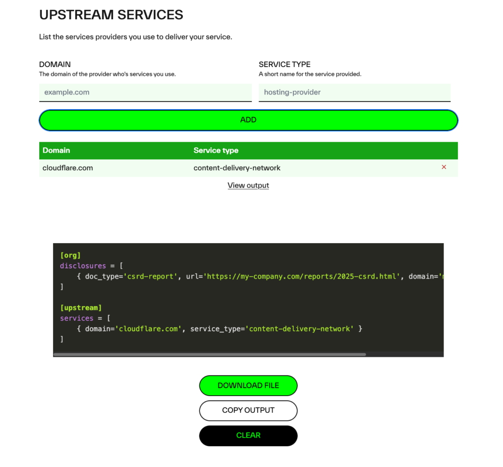 a screenshot of the builder, with  form to add suppliers in your supply chain, and generate a text representation