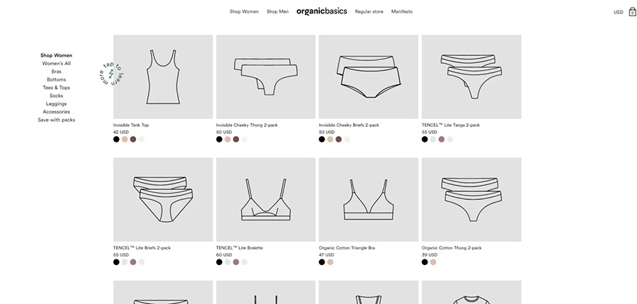 Screenshot of the Organic Basics website in low-impact mode