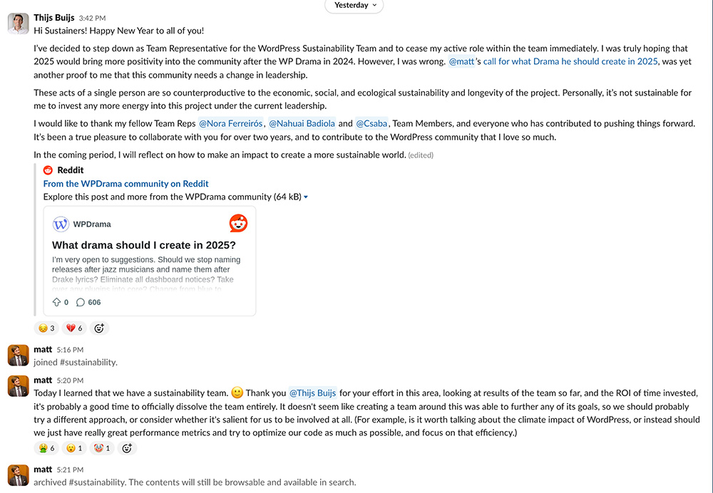 WP Sustainablity team slack discussion