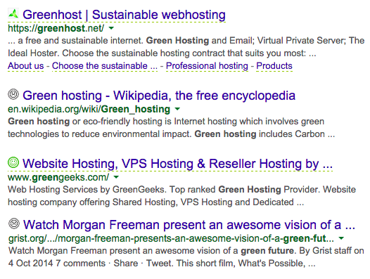 A screenshot of search results, with green web annotations by each result